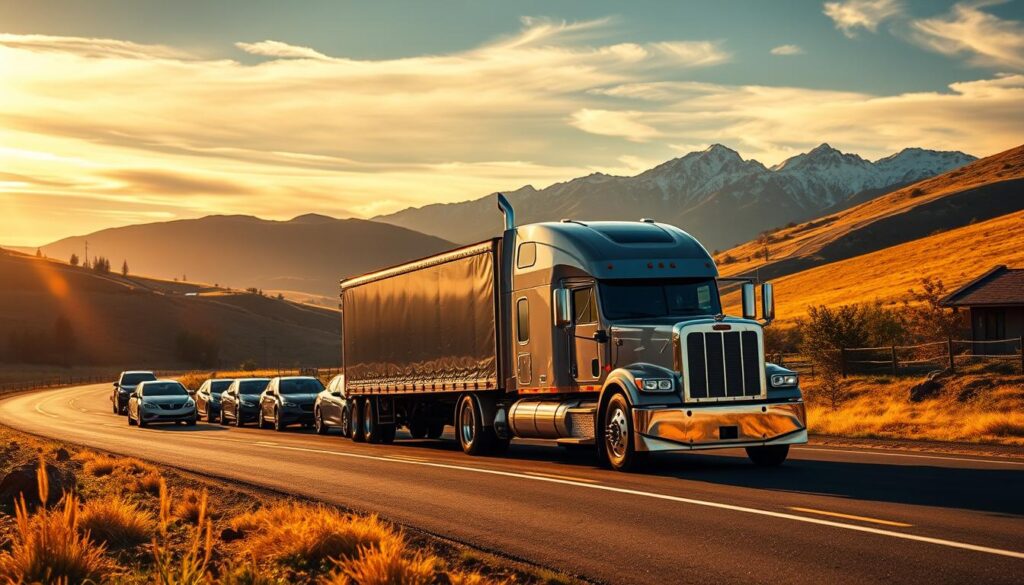 A gleaming auto transport truck navigates a winding road through the scenic hills of Prineville, OR. In the foreground, a row of late-model vehicles await their safe, on-time delivery to local customers. Warm afternoon sunlight filters through wispy clouds, casting a golden glow over the scene. The truck's sleek design and gleaming chrome accents convey a sense of professionalism and reliability. In the background, the rugged Cascade mountain range rises majestically, framing the transportation service's pristine operations. A cinematic wide-angle lens captures the harmonious integration of the auto transport service within the serene Prineville landscape. A gleaming auto transport truck navigates a winding road through the scenic hills of Prineville, OR. In the foreground, a row of late-model vehicles await their safe, on-time delivery to local customers. Warm afternoon sunlight filters through wispy clouds, casting a golden glow over the scene. The truck's sleek design and gleaming chrome accents convey a sense of professionalism and reliability. In the background, the rugged Cascade mountain range rises majestically, framing the transportation service's pristine operations. A cinematic wide-angle lens captures the harmonious integration of the auto transport service within the serene Prineville landscape.