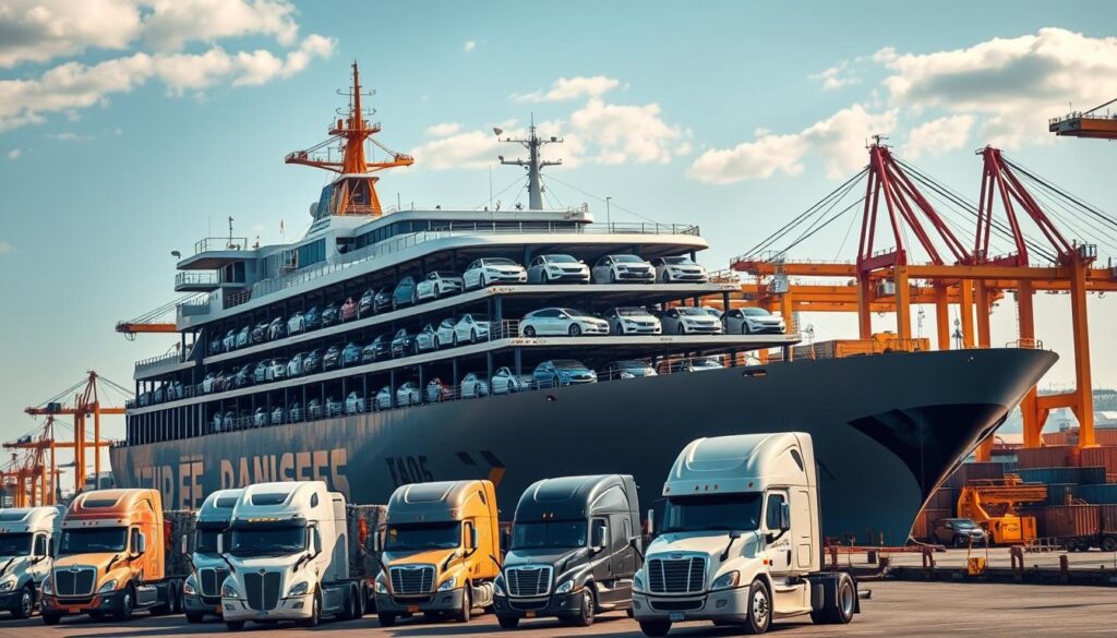 A gleaming car carrier ship docked at a bustling port, its cargo of shiny new vehicles secured on multi-level decks. The sun casts a warm glow, highlighting the intricate details of the ship's architecture and the cars it carries. In the foreground, a fleet of semi-trucks stand ready to transport the vehicles to dealerships and customers across the region. The background is filled with the hustle and bustle of the working port, with cranes, warehouses, and the silhouettes of other ships in the distance. The scene exudes a sense of efficiency, productivity, and the smooth flow of the automotive supply chain. A gleaming car carrier ship docked at a bustling port, its cargo of shiny new vehicles secured on multi-level decks. The sun casts a warm glow, highlighting the intricate details of the ship's architecture and the cars it carries. In the foreground, a fleet of semi-trucks stand ready to transport the vehicles to dealerships and customers across the region. The background is filled with the hustle and bustle of the working port, with cranes, warehouses, and the silhouettes of other ships in the distance. The scene exudes a sense of efficiency, productivity, and the smooth flow of the automotive supply chain.