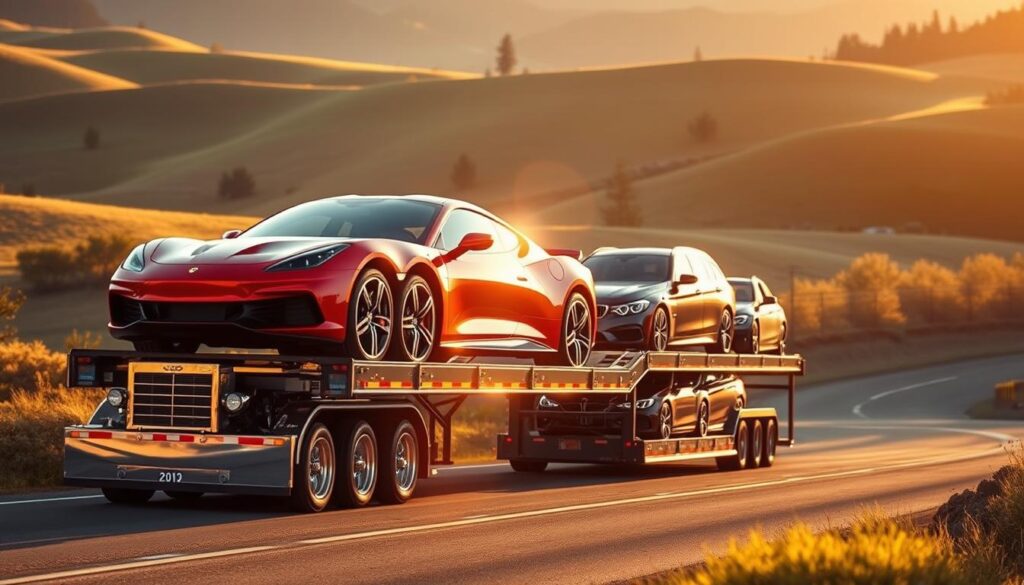 A gleaming car carrier truck, its trailer loaded with an array of shiny vehicles, navigates the winding roads of Wilsonville. The sun casts warm, golden light, highlighting the polished chrome and vibrant paint jobs. In the foreground, a sleek sports car sits atop the trailer, its curves and lines capturing the essence of automotive elegance. The middle ground features a mix of sedans, SUVs, and pickup trucks, each meticulously secured for their journey. In the background, the rolling hills and lush greenery of the Pacific Northwest landscape provide a picturesque backdrop, creating a serene and tranquil setting for this automotive transport scene. A gleaming car carrier truck, its trailer loaded with an array of shiny vehicles, navigates the winding roads of Wilsonville. The sun casts warm, golden light, highlighting the polished chrome and vibrant paint jobs. In the foreground, a sleek sports car sits atop the trailer, its curves and lines capturing the essence of automotive elegance. The middle ground features a mix of sedans, SUVs, and pickup trucks, each meticulously secured for their journey. In the background, the rolling hills and lush greenery of the Pacific Northwest landscape provide a picturesque backdrop, creating a serene and tranquil setting for this automotive transport scene.