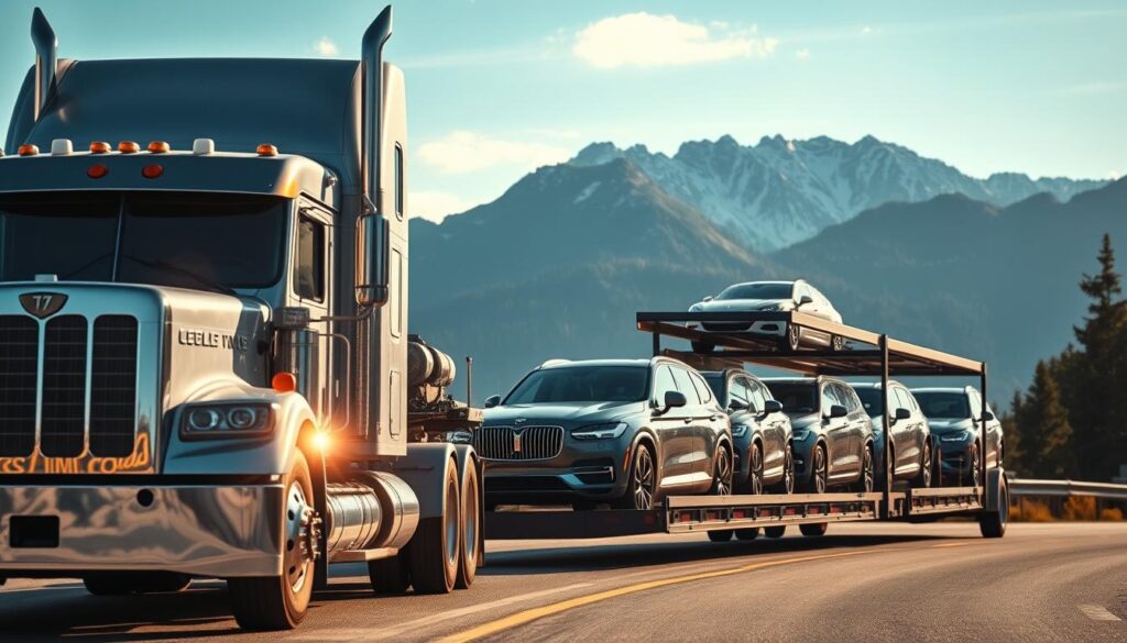 A gleaming car transport truck, its chrome grill and metallic paint reflecting the warm afternoon sun, navigates a winding mountain road, the rugged peaks of the Coast Range rising in the distant background. In the foreground, several late-model vehicles, securely fastened to the truck's open-air trailer, await their journey to their new owners in the bustling city of Vancouver. The scene conveys a sense of efficiency, reliability, and the high-quality service that defines the professional car shipping and auto transport industry in this vibrant West Coast metropolis. A gleaming car transport truck, its chrome grill and metallic paint reflecting the warm afternoon sun, navigates a winding mountain road, the rugged peaks of the Coast Range rising in the distant background. In the foreground, several late-model vehicles, securely fastened to the truck's open-air trailer, await their journey to their new owners in the bustling city of Vancouver. The scene conveys a sense of efficiency, reliability, and the high-quality service that defines the professional car shipping and auto transport industry in this vibrant West Coast metropolis.