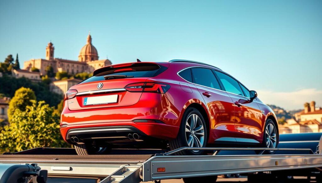 A gleaming red car sits atop an auto transport trailer, its chrome trim sparkling in the warm afternoon light. The trailer's sleek, streamlined design cuts through the air, lending an air of efficiency and modern engineering. In the background, a picturesque Salamanca cityscape rises, its historic buildings and lush greenery creating a serene and inviting atmosphere. The scene conveys a sense of safe, reliable, and professional car shipping, with the auto transport seamlessly integrated into the local environment. A gleaming red car sits atop an auto transport trailer, its chrome trim sparkling in the warm afternoon light. The trailer's sleek, streamlined design cuts through the air, lending an air of efficiency and modern engineering. In the background, a picturesque Salamanca cityscape rises, its historic buildings and lush greenery creating a serene and inviting atmosphere. The scene conveys a sense of safe, reliable, and professional car shipping, with the auto transport seamlessly integrated into the local environment.