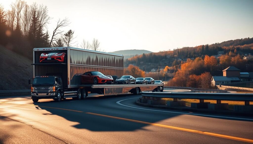 A gleaming semi-trailer navigates the winding roads of Glens Falls, its expansive cargo hold ready to transport a diverse fleet of specialty vehicles. The sun casts a warm glow, illuminating the scene with a sense of precision and professionalism. In the foreground, a sleek sports car sits atop the trailer, its sharp lines and vibrant color a testament to the careful handling required for such delicate cargo. The middle ground reveals an array of classic cars, each meticulously preserved and ready for delivery. In the background, the picturesque town of Glens Falls provides a serene backdrop, hinting at the reliable and trustworthy service offered by the specialty vehicle shipping company.