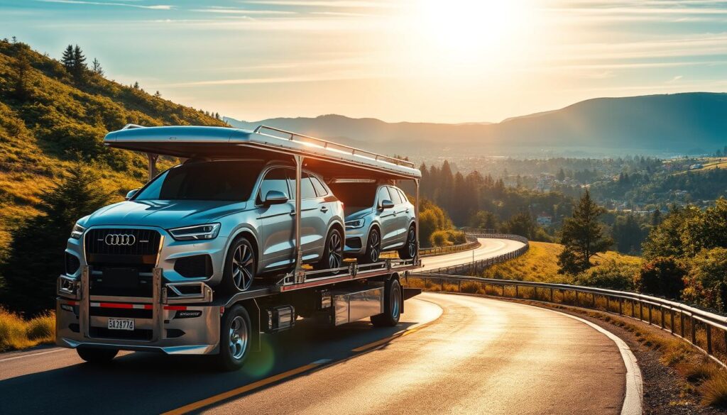 A gleaming silver car transport truck navigates the winding roads of Burien, its cargo of shiny new vehicles securely fastened on the open-air trailer. The sun's rays cast a warm, golden glow, highlighting the smooth contours of the automobiles. In the background, the lush greenery of Burien's picturesque landscape provides a serene backdrop, while the distant city skyline hints at the bustling destination for these cars. The scene evokes a sense of efficiency, reliability, and the pride that Burien drivers feel in choosing a trustworthy auto transport company to deliver their prized possessions. A gleaming silver car transport truck navigates the winding roads of Burien, its cargo of shiny new vehicles securely fastened on the open-air trailer. The sun's rays cast a warm, golden glow, highlighting the smooth contours of the automobiles. In the background, the lush greenery of Burien's picturesque landscape provides a serene backdrop, while the distant city skyline hints at the bustling destination for these cars. The scene evokes a sense of efficiency, reliability, and the pride that Burien drivers feel in choosing a trustworthy auto transport company to deliver their prized possessions.