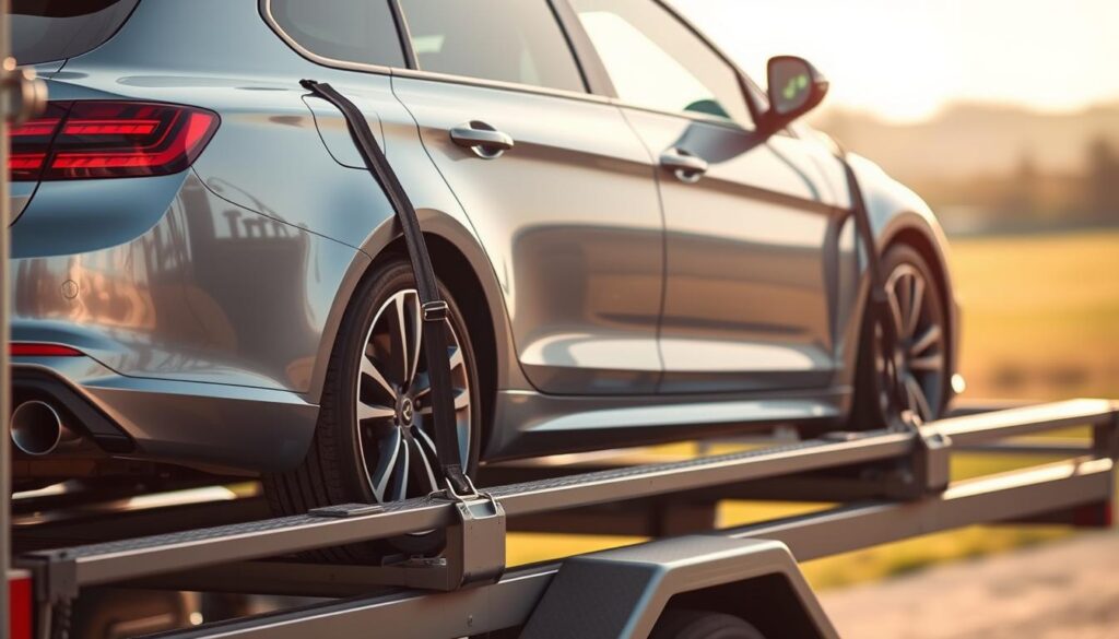 A gleaming, silver-gray automobile rests on a sturdy, low-profile car carrier, securely fastened in place with heavy-duty straps. Soft, diffused lighting illuminates the scene, casting gentle shadows that accentuate the vehicle's contours. The carrier's sturdy frame and well-designed safety features create a sense of reliable protection, ensuring the safe transport of the precious cargo. In the background, a blurred, pastoral landscape suggests a tranquil, countryside setting, conveying a mood of care and attention to detail throughout the shipping process.