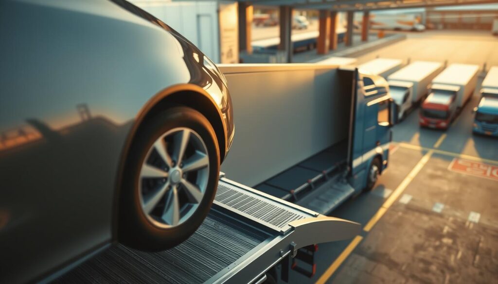 A high-angle shot of a comprehensive auto transport process. In the foreground, a car being loaded onto a specialized truck with hydraulic ramps. In the middle ground, the truck transporting the vehicle, captured from a side angle. In the background, a transportation depot with other trucks and cars, all bathed in warm, diffused lighting. The scene conveys efficiency, professionalism, and care in the handling of the vehicle, reflecting the reliable and trustworthy auto transport services offered. A high-angle shot of a comprehensive auto transport process. In the foreground, a car being loaded onto a specialized truck with hydraulic ramps. In the middle ground, the truck transporting the vehicle, captured from a side angle. In the background, a transportation depot with other trucks and cars, all bathed in warm, diffused lighting. The scene conveys efficiency, professionalism, and care in the handling of the vehicle, reflecting the reliable and trustworthy auto transport services offered.