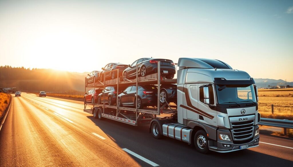 A high-angle view of a modern auto transport truck on a highway, its trailer loaded with a diverse selection of vehicles securely strapped in place. The sun casts warm, golden light across the scene, creating a sense of reliability and professionalism. In the background, rolling hills and a clear sky suggest the tranquil surroundings of Anacortes, Washington. The truck's sleek design and prominent branding convey a trusted, reputable auto transport service serving the local community. A high-angle view of a modern auto transport truck on a highway, its trailer loaded with a diverse selection of vehicles securely strapped in place. The sun casts warm, golden light across the scene, creating a sense of reliability and professionalism. In the background, rolling hills and a clear sky suggest the tranquil surroundings of Anacortes, Washington. The truck's sleek design and prominent branding convey a trusted, reputable auto transport service serving the local community.