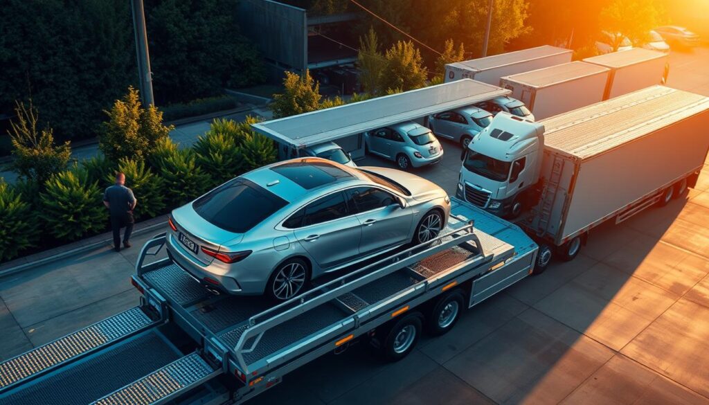 A high-angle view of a well-lit, modern auto transport facility in Silverton, Ohio. In the foreground, a team of experienced professionals expertly loading a premium sedan onto a specialized, secure car carrier. The middle ground showcases the facility's sleek, state-of-the-art fleet of transport trucks, each equipped with advanced safety features. In the background, the facility's perimeter is lined with lush greenery, conveying a sense of trust and environmental responsibility. Warm, golden lighting illuminates the scene, creating a welcoming and reassuring atmosphere for vehicle owners. The overall composition emphasizes the facility's commitment to reliable, trusted, and eco-conscious car shipping services. A high-angle view of a well-lit, modern auto transport facility in Silverton, Ohio. In the foreground, a team of experienced professionals expertly loading a premium sedan onto a specialized, secure car carrier. The middle ground showcases the facility's sleek, state-of-the-art fleet of transport trucks, each equipped with advanced safety features. In the background, the facility's perimeter is lined with lush greenery, conveying a sense of trust and environmental responsibility. Warm, golden lighting illuminates the scene, creating a welcoming and reassuring atmosphere for vehicle owners. The overall composition emphasizes the facility's commitment to reliable, trusted, and eco-conscious car shipping services.