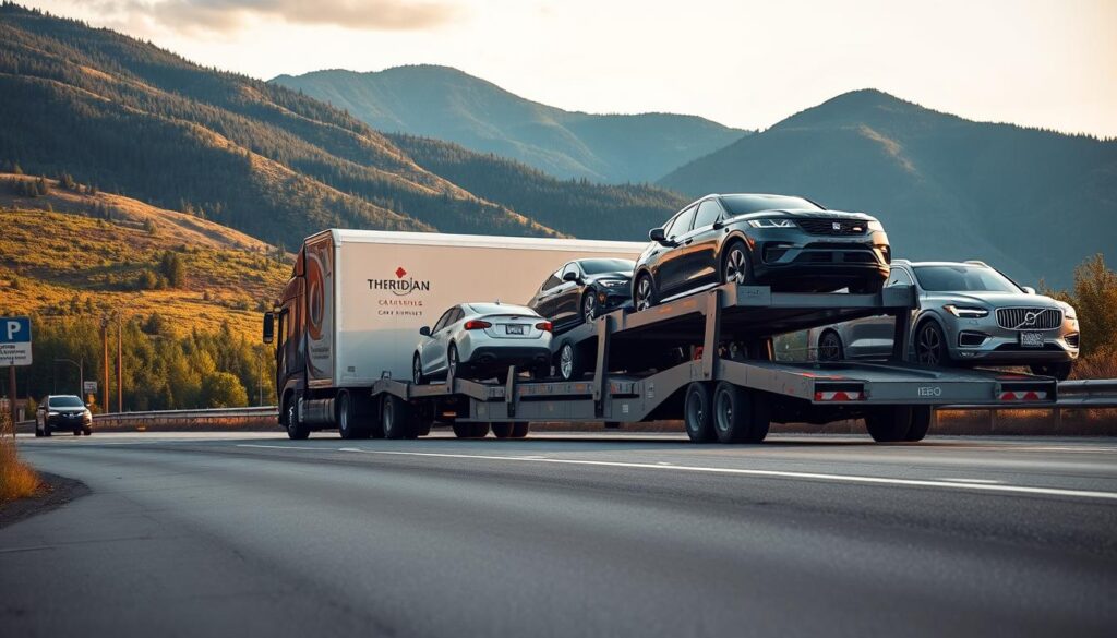 A high-quality, realistic image of a car shipping service in Sheridan, showcasing a large, modern car carrier truck transporting several vehicles on a well-lit, paved road. The truck's exterior is clean and prominently displays the company's logo and branding. In the foreground, several cars of various makes and models are visible on the carrier, conveying the range of services offered. The middle ground features a scenic, mountainous landscape with lush greenery, adding to the picturesque setting. The lighting is natural and warm, creating a inviting, professional atmosphere. The camera angle is slightly elevated, providing a comprehensive view of the scene. A high-quality, realistic image of a car shipping service in Sheridan, showcasing a large, modern car carrier truck transporting several vehicles on a well-lit, paved road. The truck's exterior is clean and prominently displays the company's logo and branding. In the foreground, several cars of various makes and models are visible on the carrier, conveying the range of services offered. The middle ground features a scenic, mountainous landscape with lush greenery, adding to the picturesque setting. The lighting is natural and warm, creating a inviting, professional atmosphere. The camera angle is slightly elevated, providing a comprehensive view of the scene.