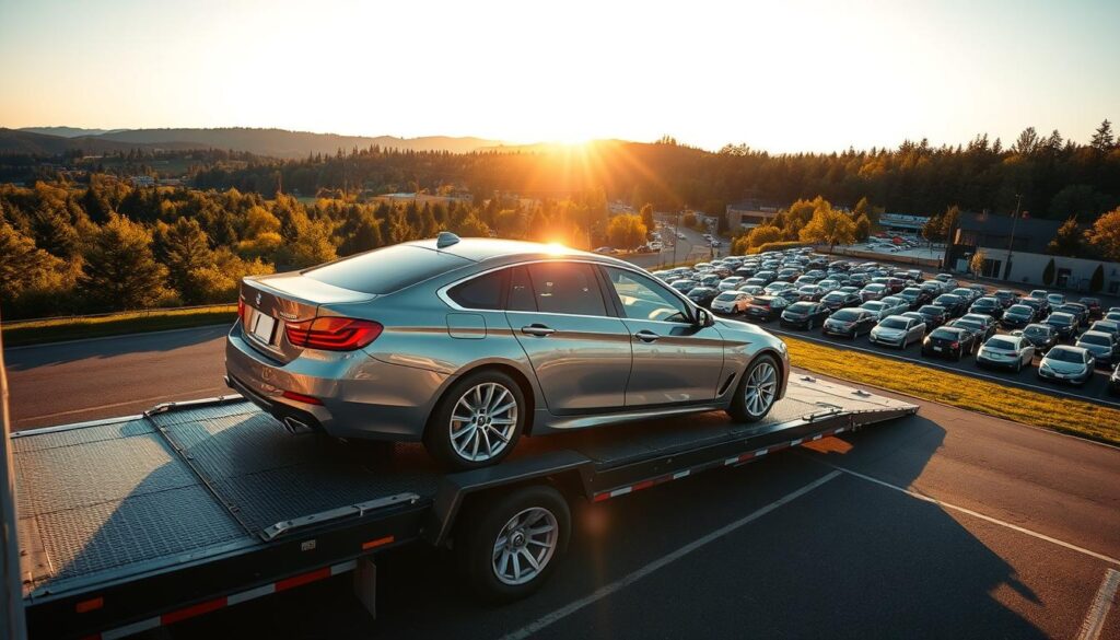 A high-resolution image of a car shipping scene in Sammamish, Washington. In the foreground, a sleek, newly polished sedan is being loaded onto a specialized car transport trailer, its metallic finish gleaming under the warm, golden afternoon sunlight. In the middle ground, the trailer is surrounded by a well-organized shipping yard, with rows of other vehicles awaiting transport. In the background, the lush, verdant landscapes of Sammamish provide a serene, natural backdrop, hinting at the care and attention to detail the local car shipping company puts into their services. The scene is captured from a slightly elevated angle, using a wide-angle lens to convey a sense of scale and the efficient, well-coordinated logistics of the car shipping operation. A high-resolution image of a car shipping scene in Sammamish, Washington. In the foreground, a sleek, newly polished sedan is being loaded onto a specialized car transport trailer, its metallic finish gleaming under the warm, golden afternoon sunlight. In the middle ground, the trailer is surrounded by a well-organized shipping yard, with rows of other vehicles awaiting transport. In the background, the lush, verdant landscapes of Sammamish provide a serene, natural backdrop, hinting at the care and attention to detail the local car shipping company puts into their services. The scene is captured from a slightly elevated angle, using a wide-angle lens to convey a sense of scale and the efficient, well-coordinated logistics of the car shipping operation.