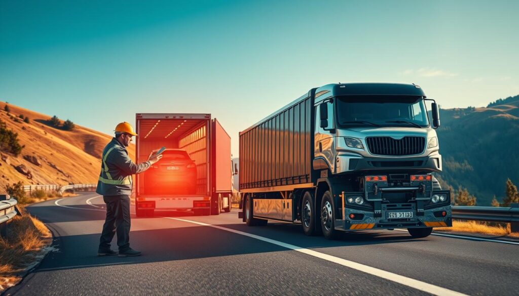 A high-resolution, photorealistic image of a modern car transport process, showcasing the step-by-step workflow from initial quote to final delivery. The foreground depicts a professional car shipping agent meticulously inspecting a vehicle before loading it onto a specialized transport truck. The middle ground features the truck itself, with its sturdy chassis and secure tie-down mechanisms, navigating a winding mountain road. The background includes a scenic landscape of rolling hills, trees, and a clear blue sky, conveying a sense of efficiency and care within a tranquil setting. Warm, diffused lighting illuminates the scene, creating a sense of professionalism and reliability. Captured with a wide-angle lens to emphasize the comprehensive nature of the transport process. A high-resolution, photorealistic image of a modern car transport process, showcasing the step-by-step workflow from initial quote to final delivery. The foreground depicts a professional car shipping agent meticulously inspecting a vehicle before loading it onto a specialized transport truck. The middle ground features the truck itself, with its sturdy chassis and secure tie-down mechanisms, navigating a winding mountain road. The background includes a scenic landscape of rolling hills, trees, and a clear blue sky, conveying a sense of efficiency and care within a tranquil setting. Warm, diffused lighting illuminates the scene, creating a sense of professionalism and reliability. Captured with a wide-angle lens to emphasize the comprehensive nature of the transport process.
