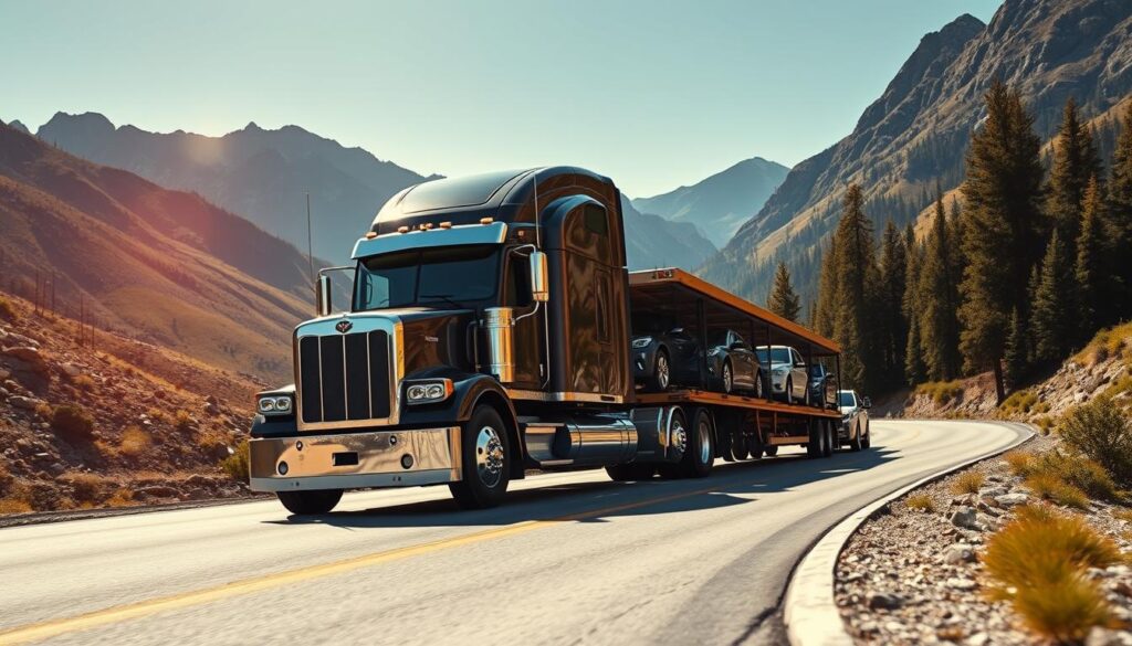A high-speed car transport truck navigates a winding mountain road, its powerful engine hauling a fleet of gleaming vehicles with precision and care. The truck's bold, aerodynamic design cuts through the air, its chrome grille and headlights reflecting the sun's rays. In the background, the rugged Lovell landscape unfolds, with towering peaks and lush, verdant forests. The scene conveys a sense of professionalism, efficiency, and unwavering commitment to reliable vehicle transport services. The lighting is crisp and natural, highlighting the truck's imposing presence and the breathtaking natural surroundings. A high-speed car transport truck navigates a winding mountain road, its powerful engine hauling a fleet of gleaming vehicles with precision and care. The truck's bold, aerodynamic design cuts through the air, its chrome grille and headlights reflecting the sun's rays. In the background, the rugged Lovell landscape unfolds, with towering peaks and lush, verdant forests. The scene conveys a sense of professionalism, efficiency, and unwavering commitment to reliable vehicle transport services. The lighting is crisp and natural, highlighting the truck's imposing presence and the breathtaking natural surroundings.