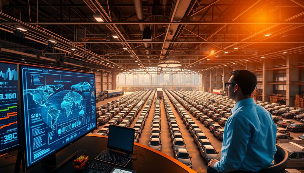 A high-tech control center monitoring a complex network of auto transport vehicles. In the foreground, a large holographic display shows real-time tracking data and analytics. Sleek operators in crisp uniforms monitor the system, their faces lit by the glow of multiple screens. In the middle ground, a vast warehouse filled with neatly organized cars awaiting shipping. The background features an expansive skyline of gleaming skyscrapers, hinting at the company's scale and technological prowess. Warm lighting and a sense of order and efficiency pervade the scene, reflecting the reliable and fast service promised by the auto transport company. A high-tech control center monitoring a complex network of auto transport vehicles. In the foreground, a large holographic display shows real-time tracking data and analytics. Sleek operators in crisp uniforms monitor the system, their faces lit by the glow of multiple screens. In the middle ground, a vast warehouse filled with neatly organized cars awaiting shipping. The background features an expansive skyline of gleaming skyscrapers, hinting at the company's scale and technological prowess. Warm lighting and a sense of order and efficiency pervade the scene, reflecting the reliable and fast service promised by the auto transport company.