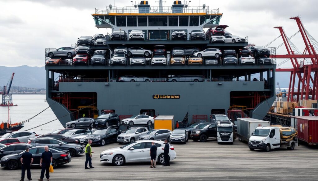A large car carrier ship docked at a bustling port, its deck loaded with a diverse array of vehicles, from sleek sports cars to rugged SUVs. The sky is overcast, casting a cool, muted tone over the scene. In the foreground, a group of workers carefully secure the cars, their movements precise and efficient. In the middle ground, a fleet of trucks and trailers stand ready to transport the vehicles to their final destinations. The background is a tapestry of towering cranes, warehouses, and the hazy silhouettes of distant mountains. The overall atmosphere conveys a sense of industrious activity, the methodical flow of logistical operations, and the importance of reliable car shipping and auto transport services. A large car carrier ship docked at a bustling port, its deck loaded with a diverse array of vehicles, from sleek sports cars to rugged SUVs. The sky is overcast, casting a cool, muted tone over the scene. In the foreground, a group of workers carefully secure the cars, their movements precise and efficient. In the middle ground, a fleet of trucks and trailers stand ready to transport the vehicles to their final destinations. The background is a tapestry of towering cranes, warehouses, and the hazy silhouettes of distant mountains. The overall atmosphere conveys a sense of industrious activity, the methodical flow of logistical operations, and the importance of reliable car shipping and auto transport services.
