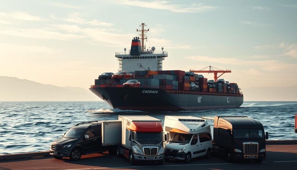 A large cargo ship carrying an array of vehicles, from sleek sports cars to sturdy SUVs, slowly making its way through a picturesque harbor. The sky is a soft, hazy blue, with wispy clouds casting gentle shadows on the gently rolling waves. The ship's towering superstructure casts a dramatic silhouette, while the vehicles themselves are illuminated by warm, natural lighting that highlights their glossy finishes. In the foreground, a fleet of specialized car transport trucks waits patiently, ready to efficiently and securely deliver the vehicles to their final destinations. The overall scene conveys a sense of professionalism, reliability, and the seamless coordination required for trusted vehicle shipping solutions. A large cargo ship carrying an array of vehicles, from sleek sports cars to sturdy SUVs, slowly making its way through a picturesque harbor. The sky is a soft, hazy blue, with wispy clouds casting gentle shadows on the gently rolling waves. The ship's towering superstructure casts a dramatic silhouette, while the vehicles themselves are illuminated by warm, natural lighting that highlights their glossy finishes. In the foreground, a fleet of specialized car transport trucks waits patiently, ready to efficiently and securely deliver the vehicles to their final destinations. The overall scene conveys a sense of professionalism, reliability, and the seamless coordination required for trusted vehicle shipping solutions.