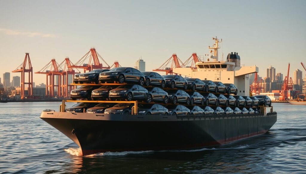 A large cargo ship carrying rows of brand-new cars, its hull gently rocking in the calm harbor waters. The vehicles are securely stacked, their glossy finishes gleaming under the warm, golden sunlight. In the background, a bustling port city skyline rises, with towering cranes and industrial buildings. The scene conveys a sense of efficiency and transportation, capturing the essence of professional car shipping and auto transport services in Lynnwood. The image is shot from a low angle, emphasizing the sheer scale and power of the shipping operation. A large cargo ship carrying rows of brand-new cars, its hull gently rocking in the calm harbor waters. The vehicles are securely stacked, their glossy finishes gleaming under the warm, golden sunlight. In the background, a bustling port city skyline rises, with towering cranes and industrial buildings. The scene conveys a sense of efficiency and transportation, capturing the essence of professional car shipping and auto transport services in Lynnwood. The image is shot from a low angle, emphasizing the sheer scale and power of the shipping operation.