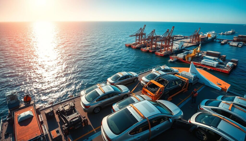 A large cargo ship on a calm, blue ocean under a bright, golden sun. On the deck, several automobiles are carefully secured and arranged for safe transport. In the foreground, a team of workers uses specialized equipment to load and unload the vehicles with precision. The mid-ground shows the intricate process of securing the cars, with straps, chocks, and other protective measures. The background reveals the bustling port infrastructure, with cranes, warehouses, and other logistics facilities. The overall scene conveys the efficient, streamlined nature of the car shipping process, with a sense of scale and attention to detail. A large cargo ship on a calm, blue ocean under a bright, golden sun. On the deck, several automobiles are carefully secured and arranged for safe transport. In the foreground, a team of workers uses specialized equipment to load and unload the vehicles with precision. The mid-ground shows the intricate process of securing the cars, with straps, chocks, and other protective measures. The background reveals the bustling port infrastructure, with cranes, warehouses, and other logistics facilities. The overall scene conveys the efficient, streamlined nature of the car shipping process, with a sense of scale and attention to detail.