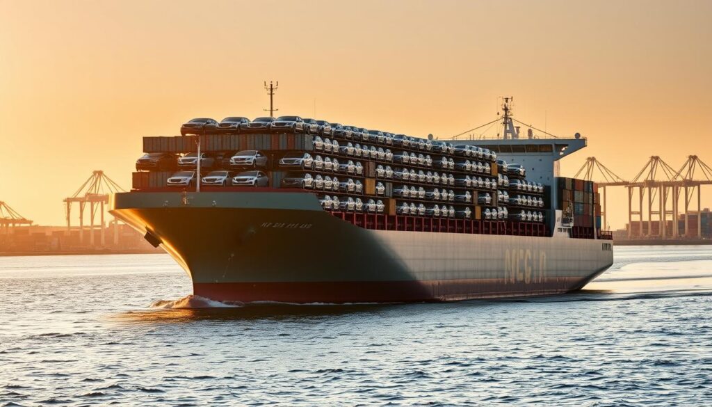 A large cargo ship sailing on calm waters, its decks stacked high with rows of gleaming automobiles, ready to be transported to their destinations. The scene is bathed in warm, golden sunlight, casting long shadows across the ship's sleek hull. In the background, the shoreline is dotted with cranes and shipping containers, creating a sense of bustling activity and efficient logistics. The image conveys a feeling of reliability, professionalism, and the smooth, seamless transportation of vehicles across great distances. A large cargo ship sailing on calm waters, its decks stacked high with rows of gleaming automobiles, ready to be transported to their destinations. The scene is bathed in warm, golden sunlight, casting long shadows across the ship's sleek hull. In the background, the shoreline is dotted with cranes and shipping containers, creating a sense of bustling activity and efficient logistics. The image conveys a feeling of reliability, professionalism, and the smooth, seamless transportation of vehicles across great distances.