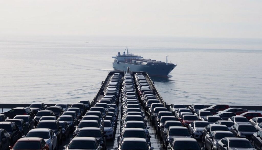 A large cargo ship transports a fleet of gleaming cars across a tranquil ocean. The vessel's massive hull cuts through the gently lapping waves, casting long shadows on the water's surface. In the foreground, rows of sedans, SUVs, and sports cars are neatly arranged, their polished exteriors catching the soft, diffused light of an overcast sky. The background features a distant horizon, where the ship's silhouette meets the hazy blue-gray expanse. The scene conveys a sense of efficiency, scale, and the global nature of the automotive industry, perfectly capturing the essence of "Car Shipping and Auto Transport Ferndale." A large cargo ship transports a fleet of gleaming cars across a tranquil ocean. The vessel's massive hull cuts through the gently lapping waves, casting long shadows on the water's surface. In the foreground, rows of sedans, SUVs, and sports cars are neatly arranged, their polished exteriors catching the soft, diffused light of an overcast sky. The background features a distant horizon, where the ship's silhouette meets the hazy blue-gray expanse. The scene conveys a sense of efficiency, scale, and the global nature of the automotive industry, perfectly capturing the essence of "Car Shipping and Auto Transport Ferndale."