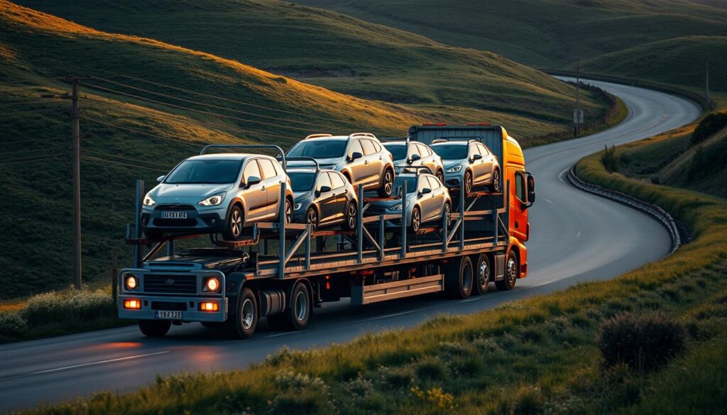 A large cargo truck transporting several compact cars on a multi-level carrier, illuminated by warm, soft lighting. The scene takes place on a winding country road surrounded by lush, verdant hills in the background. The truck is moving steadily, with the cars securely fastened on the carrier. The overall composition conveys a sense of efficiency, safety, and the careful handling of vehicles during the transport process. A large cargo truck transporting several compact cars on a multi-level carrier, illuminated by warm, soft lighting. The scene takes place on a winding country road surrounded by lush, verdant hills in the background. The truck is moving steadily, with the cars securely fastened on the carrier. The overall composition conveys a sense of efficiency, safety, and the careful handling of vehicles during the transport process.