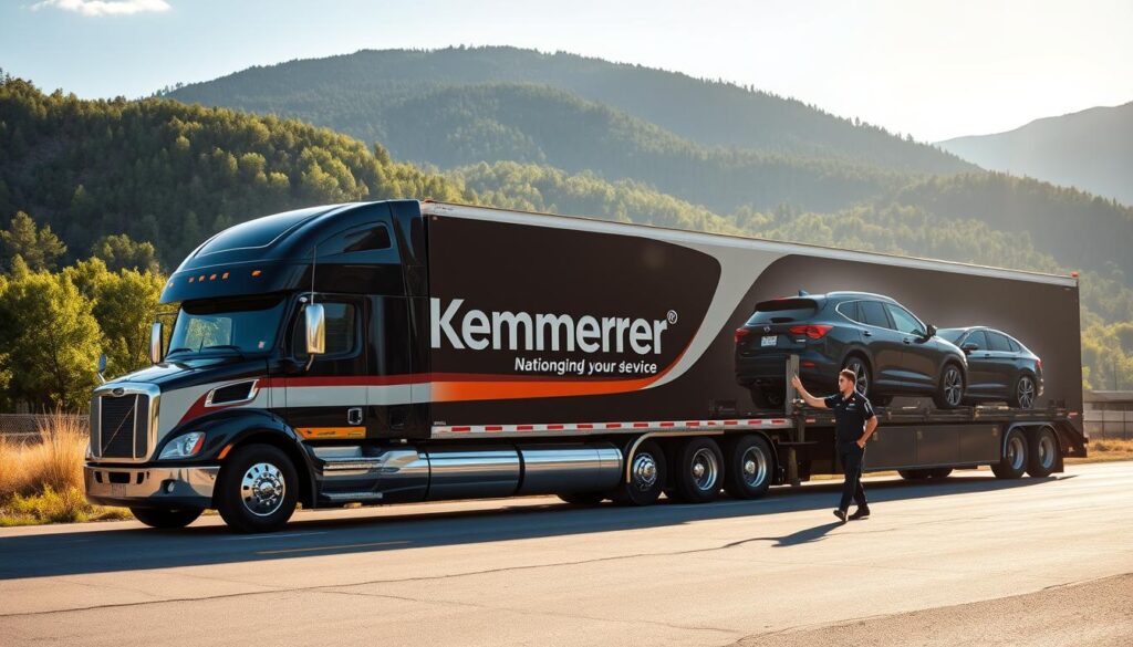 A large commercial truck with a car carrier trailer is parked in a well-lit outdoor scene. The truck's sleek design and prominent company branding suggest a professional and reliable auto transport service. In the background, a mountainous landscape with lush greenery creates a picturesque setting, hinting at Kemmerer's scenic location. Sunlight casts warm, soft shadows, conveying a sense of trust and quality. The truck's driver, dressed in a uniform, stands nearby, ready to provide personalized assistance. The overall composition and attention to detail showcase Kemmerer's car shipping expertise and nationwide network. A large commercial truck with a car carrier trailer is parked in a well-lit outdoor scene. The truck's sleek design and prominent company branding suggest a professional and reliable auto transport service. In the background, a mountainous landscape with lush greenery creates a picturesque setting, hinting at Kemmerer's scenic location. Sunlight casts warm, soft shadows, conveying a sense of trust and quality. The truck's driver, dressed in a uniform, stands nearby, ready to provide personalized assistance. The overall composition and attention to detail showcase Kemmerer's car shipping expertise and nationwide network.