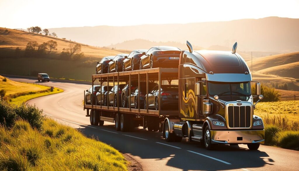 A large semi-truck carefully navigates down a winding country road, its trailer loaded with a fleet of gleaming new cars. The sunlight casts a warm glow on the scene, illuminating the vehicle's chrome and polished paint. In the foreground, the truck's driver expertly maneuvers the rig, while in the distance, rolling hills and lush greenery provide a picturesque backdrop. The overall atmosphere conveys a sense of efficiency, reliability, and the smooth transportation of valuable automotive cargo. A large semi-truck carefully navigates down a winding country road, its trailer loaded with a fleet of gleaming new cars. The sunlight casts a warm glow on the scene, illuminating the vehicle's chrome and polished paint. In the foreground, the truck's driver expertly maneuvers the rig, while in the distance, rolling hills and lush greenery provide a picturesque backdrop. The overall atmosphere conveys a sense of efficiency, reliability, and the smooth transportation of valuable automotive cargo.