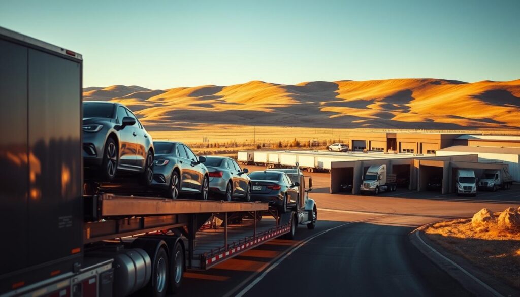 A large semi-truck hauling multiple cars in the foreground, its trailer fully loaded with shiny, polished vehicles. In the middle ground, a well-maintained car transport facility with loading docks and a fleet of trucks. The background features the rolling hills and clear skies of Greybull, Wyoming, creating a picturesque and serene setting. The lighting is warm and golden, highlighting the vehicles' clean, glossy finishes. The angle is slightly elevated, giving a panoramic view of the efficient, reliable car shipping operation. An atmosphere of trust, professionalism, and attention to detail permeates the scene. A large semi-truck hauling multiple cars in the foreground, its trailer fully loaded with shiny, polished vehicles. In the middle ground, a well-maintained car transport facility with loading docks and a fleet of trucks. The background features the rolling hills and clear skies of Greybull, Wyoming, creating a picturesque and serene setting. The lighting is warm and golden, highlighting the vehicles' clean, glossy finishes. The angle is slightly elevated, giving a panoramic view of the efficient, reliable car shipping operation. An atmosphere of trust, professionalism, and attention to detail permeates the scene.