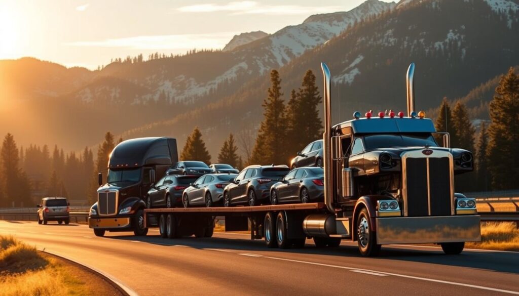 A large semi-truck hauling several cars on an open highway, winding through the lush, mountainous landscape of La Grande, Oregon. The truck's cab gleams in the warm, golden afternoon sunlight, its chrome details catching the light. In the background, towering pine trees and rugged, snow-capped peaks create a picturesque Pacific Northwest setting. The cars on the trailer are a mix of sedans, SUVs, and pickup trucks, all secured tightly for their journey. The road ahead stretches out, leading the viewer into the heart of this scenic, small-town destination known for its reliable car shipping and auto transport services. A large semi-truck hauling several cars on an open highway, winding through the lush, mountainous landscape of La Grande, Oregon. The truck's cab gleams in the warm, golden afternoon sunlight, its chrome details catching the light. In the background, towering pine trees and rugged, snow-capped peaks create a picturesque Pacific Northwest setting. The cars on the trailer are a mix of sedans, SUVs, and pickup trucks, all secured tightly for their journey. The road ahead stretches out, leading the viewer into the heart of this scenic, small-town destination known for its reliable car shipping and auto transport services.