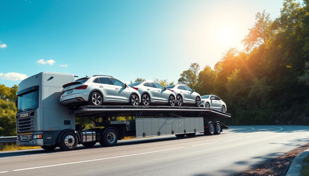 A large semi-truck transporting several cars on a multi-level car carrier against a backdrop of a sunny, blue sky. The truck is traveling on a winding road flanked by lush, green foliage. The cars on the carrier range from compact sedans to mid-size SUVs, all neatly aligned and secured. Sunlight glistens off the freshly washed vehicles, creating a sense of cleanliness and care. The overall scene conveys the reliable and professional nature of the car shipping and auto transport services in Sunnyside. A large semi-truck transporting several cars on a multi-level car carrier against a backdrop of a sunny, blue sky. The truck is traveling on a winding road flanked by lush, green foliage. The cars on the carrier range from compact sedans to mid-size SUVs, all neatly aligned and secured. Sunlight glistens off the freshly washed vehicles, creating a sense of cleanliness and care. The overall scene conveys the reliable and professional nature of the car shipping and auto transport services in Sunnyside.