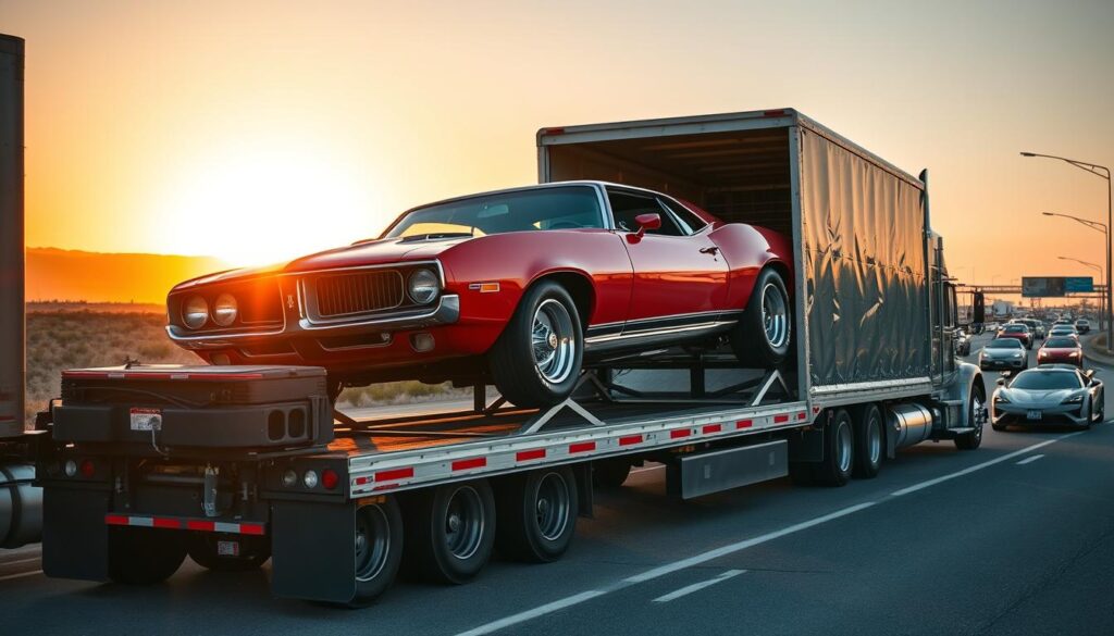 A large semi-truck transports a classic muscle car on a specialized auto-hauler trailer, its sleek body gleaming under the warm, golden sunset lighting. The trailer's hydraulic lift raises the car's front tires, securely fastening it in place. In the background, a bustling highway with other specialty vehicles, such as exotic sports cars and lifted trucks, creates a dynamic scene. The composition emphasizes the precision and care required for the safe transport of these valuable and unique automobiles, conveying the expertise of the specialty vehicle shipping services. A large semi-truck transports a classic muscle car on a specialized auto-hauler trailer, its sleek body gleaming under the warm, golden sunset lighting. The trailer's hydraulic lift raises the car's front tires, securely fastening it in place. In the background, a bustling highway with other specialty vehicles, such as exotic sports cars and lifted trucks, creates a dynamic scene. The composition emphasizes the precision and care required for the safe transport of these valuable and unique automobiles, conveying the expertise of the specialty vehicle shipping services.