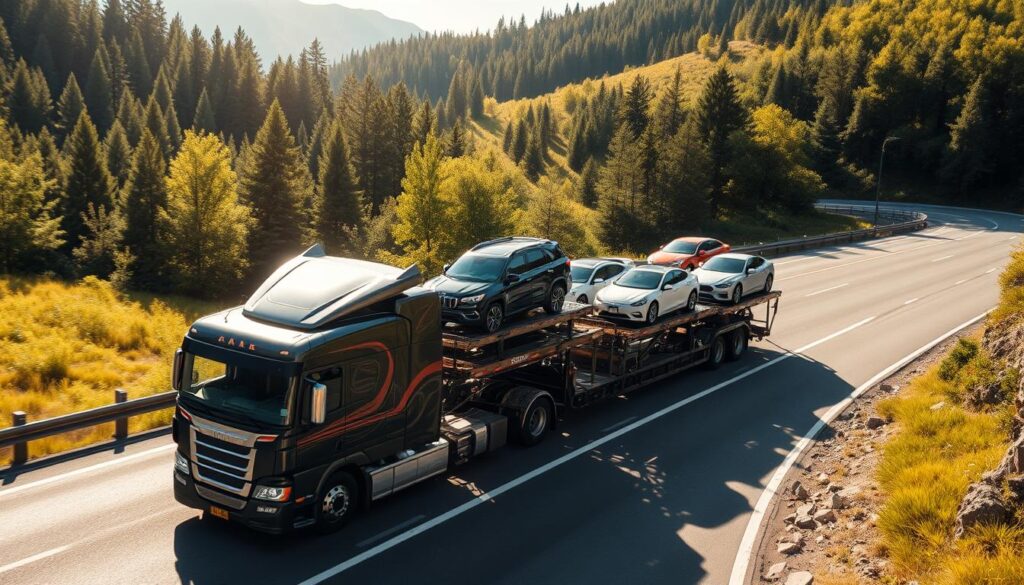 A large semi-truck with a car carrier trailer slowly navigates a winding road, surrounded by lush green forests and rolling hills. The carrier's deck is loaded with a diverse array of vehicles, including sedans, SUVs, and sports cars, all secured tightly for safe transport. Bright sunlight filters through the trees, casting warm, natural lighting on the scene. The camera angle is slightly elevated, providing a bird's-eye view of the car shipping process in action, capturing the scale and complexity of the operation. The overall mood is one of efficiency, professionalism, and attention to detail, reflecting the reliable and trustworthy nature of the auto transport service. A large semi-truck with a car carrier trailer slowly navigates a winding road, surrounded by lush green forests and rolling hills. The carrier's deck is loaded with a diverse array of vehicles, including sedans, SUVs, and sports cars, all secured tightly for safe transport. Bright sunlight filters through the trees, casting warm, natural lighting on the scene. The camera angle is slightly elevated, providing a bird's-eye view of the car shipping process in action, capturing the scale and complexity of the operation. The overall mood is one of efficiency, professionalism, and attention to detail, reflecting the reliable and trustworthy nature of the auto transport service.