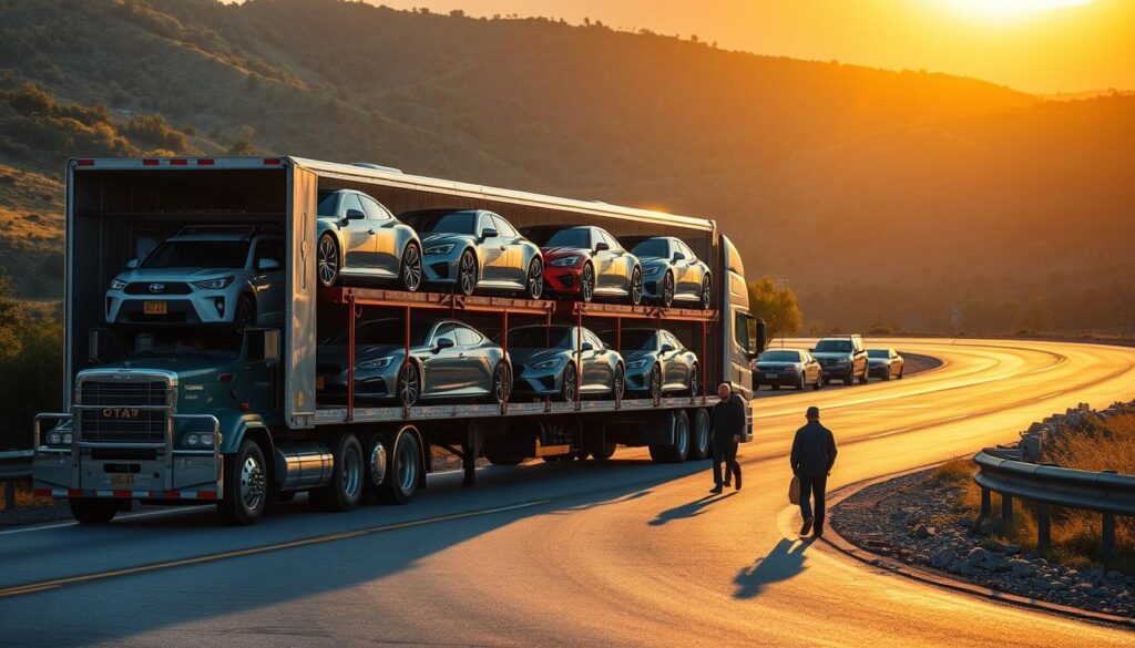 A large semi-truck with a trailer gently easing down a winding road, its cargo hold filled with a diverse array of gleaming automobiles, each carefully secured and protected. In the foreground, a team of skilled drivers and logistics professionals oversee the loading and unloading process, ensuring the vehicles' safe passage. The scene is bathed in the warm glow of a golden-hour sunset, casting long shadows and creating a sense of tranquility and reliability. The background features a picturesque landscape, with rolling hills and lush, verdant foliage, conveying a sense of the journey's scenic route. Crisp, high-resolution photography captures the attention to detail and professionalism of the vehicle transport operation, reflecting the trustworthiness and care that goes into delivering vehicles safely and on time. A large semi-truck with a trailer gently easing down a winding road, its cargo hold filled with a diverse array of gleaming automobiles, each carefully secured and protected. In the foreground, a team of skilled drivers and logistics professionals oversee the loading and unloading process, ensuring the vehicles' safe passage. The scene is bathed in the warm glow of a golden-hour sunset, casting long shadows and creating a sense of tranquility and reliability. The background features a picturesque landscape, with rolling hills and lush, verdant foliage, conveying a sense of the journey's scenic route. Crisp, high-resolution photography captures the attention to detail and professionalism of the vehicle transport operation, reflecting the trustworthiness and care that goes into delivering vehicles safely and on time.