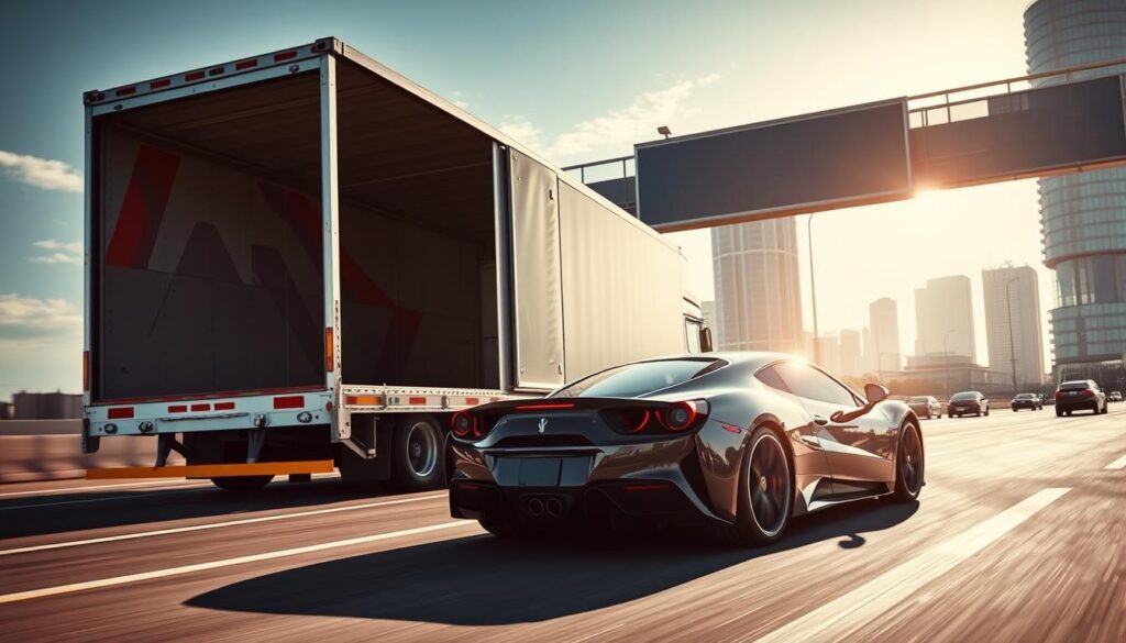 A large, sleek cargo truck with an open trailer bed waits on a busy highway, its chrome trim and powerful engine signaling efficiency. In the foreground, a luxury sports car is carefully secured, ready for expedited door-to-door transport. Bright sunlight casts long shadows, creating a sense of motion and urgency. The background features a modern urban skyline, hinting at the vehicle's ultimate destination. The scene conveys a professional, high-quality auto transport service, tailored to meet the needs of discerning clients. A large, sleek cargo truck with an open trailer bed waits on a busy highway, its chrome trim and powerful engine signaling efficiency. In the foreground, a luxury sports car is carefully secured, ready for expedited door-to-door transport. Bright sunlight casts long shadows, creating a sense of motion and urgency. The background features a modern urban skyline, hinting at the vehicle's ultimate destination. The scene conveys a professional, high-quality auto transport service, tailored to meet the needs of discerning clients.
