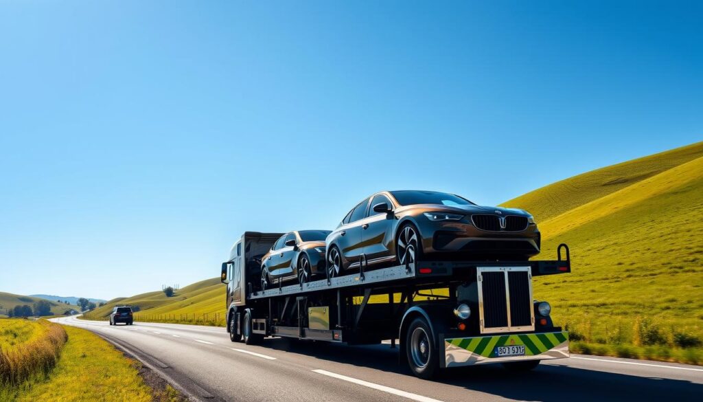 A large transport truck carrying several gleaming new cars, driving down a long, winding highway flanked by lush green rolling hills under a crisp blue sky. The truck's chrome details glimmer in the warm sunlight, while the cars sit securely on the open car carrier, ready to be delivered to their destinations. The scene conveys a sense of efficiency, reliability, and the trusted transportation of valuable automotive cargo. The camera angle is slightly elevated, providing a panoramic view of the serene countryside landscape. A large transport truck carrying several gleaming new cars, driving down a long, winding highway flanked by lush green rolling hills under a crisp blue sky. The truck's chrome details glimmer in the warm sunlight, while the cars sit securely on the open car carrier, ready to be delivered to their destinations. The scene conveys a sense of efficiency, reliability, and the trusted transportation of valuable automotive cargo. The camera angle is slightly elevated, providing a panoramic view of the serene countryside landscape.