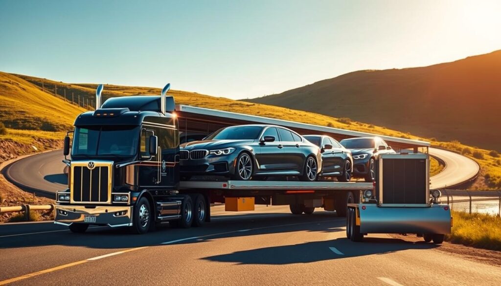 A large transport truck loaded with sleek, modern vehicles navigates a winding highway amid lush, verdant hills and a clear blue sky. The truck's chrome grille and polished bodywork gleam in the warm, diffused sunlight, casting long shadows on the asphalt. In the foreground, the sturdy, articulated trailer smoothly supports the precious cargo, its hydraulic suspension system ensuring a stable, comfortable ride. The scene conveys a sense of efficiency, reliability, and attention to detail - qualities that characterize the premium vehicle transport service offered in Salem. A large transport truck loaded with sleek, modern vehicles navigates a winding highway amid lush, verdant hills and a clear blue sky. The truck's chrome grille and polished bodywork gleam in the warm, diffused sunlight, casting long shadows on the asphalt. In the foreground, the sturdy, articulated trailer smoothly supports the precious cargo, its hydraulic suspension system ensuring a stable, comfortable ride. The scene conveys a sense of efficiency, reliability, and attention to detail - qualities that characterize the premium vehicle transport service offered in Salem.