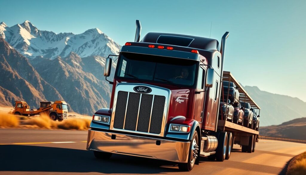 A long haul auto transport truck navigates a scenic mountain road, its trailer loaded with several gleaming cars. The truck's front grille features the logo of a reputable auto transport service, conveying reliability and professionalism. The background depicts majestic snow-capped peaks and a crisp, blue sky, suggesting the service's wide geographic coverage. Warm, golden sunlight bathes the scene, creating a sense of tranquility and efficiency. The composition emphasizes the truck's size and power, underscoring its ability to safely transport vehicles across vast distances. This image evokes the dependability and nationwide reach of the auto transport service, as described in the article's "Service coverage" section. A long haul auto transport truck navigates a scenic mountain road, its trailer loaded with several gleaming cars. The truck's front grille features the logo of a reputable auto transport service, conveying reliability and professionalism. The background depicts majestic snow-capped peaks and a crisp, blue sky, suggesting the service's wide geographic coverage. Warm, golden sunlight bathes the scene, creating a sense of tranquility and efficiency. The composition emphasizes the truck's size and power, underscoring its ability to safely transport vehicles across vast distances. This image evokes the dependability and nationwide reach of the auto transport service, as described in the article's "Service coverage" section.