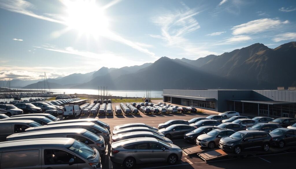A majestic car shipping company in Port Angeles, WA, set against a backdrop of towering mountains and a tranquil harbor. In the foreground, a fleet of gleaming car carriers await their cargo, their loading ramps at the ready. Sunlight filters through wispy clouds, casting a warm glow over the scene. The middle ground features the company's well-maintained facilities, with neatly organized parking lots and a modern, glass-fronted office building. In the background, the rugged Olympic Peninsula landscape provides a picturesque setting, hinting at the company's commitment to reliable and secure auto transport services. The overall atmosphere conveys a sense of professionalism, efficiency, and the natural beauty that defines the Port Angeles region. A majestic car shipping company in Port Angeles, WA, set against a backdrop of towering mountains and a tranquil harbor. In the foreground, a fleet of gleaming car carriers await their cargo, their loading ramps at the ready. Sunlight filters through wispy clouds, casting a warm glow over the scene. The middle ground features the company's well-maintained facilities, with neatly organized parking lots and a modern, glass-fronted office building. In the background, the rugged Olympic Peninsula landscape provides a picturesque setting, hinting at the company's commitment to reliable and secure auto transport services. The overall atmosphere conveys a sense of professionalism, efficiency, and the natural beauty that defines the Port Angeles region.