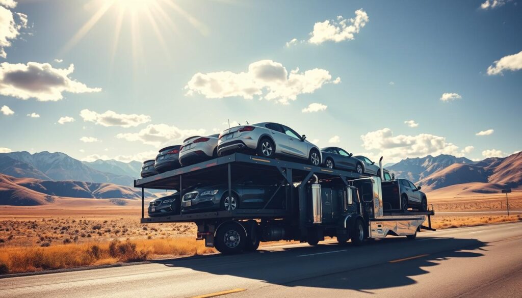 A massive auto transport truck with a full load of gleaming, freshly-washed cars gently sways on the open road, surrounded by the picturesque Cody, Wyoming landscape. Sunlight filters through scattered clouds, casting a warm, golden glow on the scene. In the foreground, the truck's chrome grille and powerful engine command attention, while the middle ground showcases the various makes and models stacked securely on the transport platform. The background is framed by majestic mountains, rolling hills, and a vibrant blue sky, creating a sense of adventure and the rugged beauty of the American West.