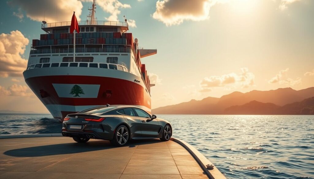 A massive cargo ship gently drifting across the tranquil Mediterranean Sea, its hull adorned with the vibrant colors of the Lebanese flag. In the foreground, a sleek, shiny car is meticulously secured on the ship's deck, ready for its journey to the shores of Lebanon. Warm, golden sunlight filters through the scattered clouds, casting a soft, hazy glow over the scene. The rugged coastline of Lebanon emerges in the distance, its towering mountains and lush vegetation a picturesque backdrop. This image captures the reliable and trusted car shipping services that seamlessly connect the United States and Lebanon, facilitating the safe and efficient transport of vehicles across the open waters. A massive cargo ship gently drifting across the tranquil Mediterranean Sea, its hull adorned with the vibrant colors of the Lebanese flag. In the foreground, a sleek, shiny car is meticulously secured on the ship's deck, ready for its journey to the shores of Lebanon. Warm, golden sunlight filters through the scattered clouds, casting a soft, hazy glow over the scene. The rugged coastline of Lebanon emerges in the distance, its towering mountains and lush vegetation a picturesque backdrop. This image captures the reliable and trusted car shipping services that seamlessly connect the United States and Lebanon, facilitating the safe and efficient transport of vehicles across the open waters.