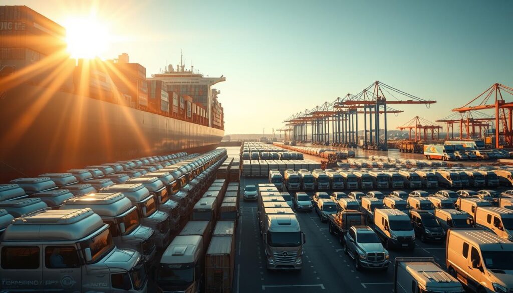 A massive cargo ship looms in the foreground, its deck laden with rows of shiny new vehicles ready for global distribution. The scene is bathed in warm, golden light, casting long shadows across the docks. In the middle ground, a fleet of trucks and trailers waits to transport the vehicles to their final destinations, their chrome fittings gleaming. In the background, a sprawling industrial landscape of warehouses and cranes stretches out, hinting at the scale and efficiency of this bustling automotive logistics hub. The overall atmosphere is one of order, power, and the seamless coordination of a well-oiled supply chain. A massive cargo ship looms in the foreground, its deck laden with rows of shiny new vehicles ready for global distribution. The scene is bathed in warm, golden light, casting long shadows across the docks. In the middle ground, a fleet of trucks and trailers waits to transport the vehicles to their final destinations, their chrome fittings gleaming. In the background, a sprawling industrial landscape of warehouses and cranes stretches out, hinting at the scale and efficiency of this bustling automotive logistics hub. The overall atmosphere is one of order, power, and the seamless coordination of a well-oiled supply chain.