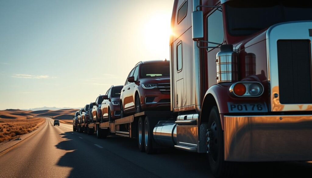 A massive semi-truck transports a row of gleaming cars on the open highway, cutting through the vast American landscape. The sun casts a warm, golden glow, illuminating the chrome details and reflective paint of the vehicles. In the background, rolling hills and a cloudless sky create a serene, cinematic atmosphere. The truck's powerful engine rumbles, conveying the reliable and efficient movement of vehicles across state borders. Meticulously captured from a dynamic, low-angle perspective, the image captures the essence of trusted, professional vehicle transport between Ontario and the United States. A massive semi-truck transports a row of gleaming cars on the open highway, cutting through the vast American landscape. The sun casts a warm, golden glow, illuminating the chrome details and reflective paint of the vehicles. In the background, rolling hills and a cloudless sky create a serene, cinematic atmosphere. The truck's powerful engine rumbles, conveying the reliable and efficient movement of vehicles across state borders. Meticulously captured from a dynamic, low-angle perspective, the image captures the essence of trusted, professional vehicle transport between Ontario and the United States.
