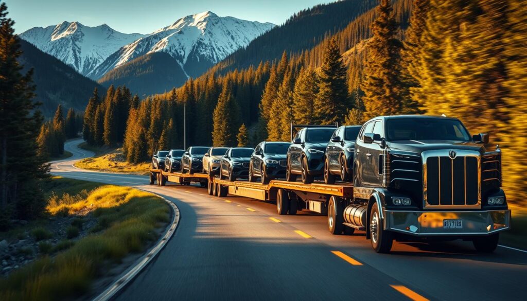 A massive truck transporting multiple shiny, sleek cars down a winding mountain road, surrounded by lush green forests and majestic snow-capped peaks in the background. The scene is bathed in warm, golden afternoon light, creating a sense of power and grandeur. The camera angle is slightly elevated, capturing the scale and momentum of the vehicle transport operation. The cars on the trailer range from compact sedans to luxurious SUVs, representing the diverse automotive inventory being safely delivered to its destination. An awe-inspiring display of automotive logistics and efficient car shipping in the heart of Greybull. A massive truck transporting multiple shiny, sleek cars down a winding mountain road, surrounded by lush green forests and majestic snow-capped peaks in the background. The scene is bathed in warm, golden afternoon light, creating a sense of power and grandeur. The camera angle is slightly elevated, capturing the scale and momentum of the vehicle transport operation. The cars on the trailer range from compact sedans to luxurious SUVs, representing the diverse automotive inventory being safely delivered to its destination. An awe-inspiring display of automotive logistics and efficient car shipping in the heart of Greybull.