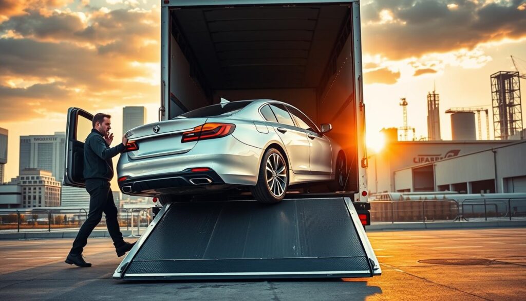 A medium-shot view of a door-to-door vehicle transport service in action. In the foreground, a professional driver carefully loading a luxury sedan onto the back of a specialized auto transport truck, its hydraulic lift platform extended to ground level. The middle ground shows the truck's sleek, aerodynamic design with secure tie-down straps securing the vehicle in place. In the background, a modern urban skyline with a mix of high-rise buildings and industrial warehouses under a warm, golden-hour lighting. The scene conveys a sense of efficiency, attention to detail, and the reliable logistics of the car shipping and auto transport industry. A medium-shot view of a door-to-door vehicle transport service in action. In the foreground, a professional driver carefully loading a luxury sedan onto the back of a specialized auto transport truck, its hydraulic lift platform extended to ground level. The middle ground shows the truck's sleek, aerodynamic design with secure tie-down straps securing the vehicle in place. In the background, a modern urban skyline with a mix of high-rise buildings and industrial warehouses under a warm, golden-hour lighting. The scene conveys a sense of efficiency, attention to detail, and the reliable logistics of the car shipping and auto transport industry.