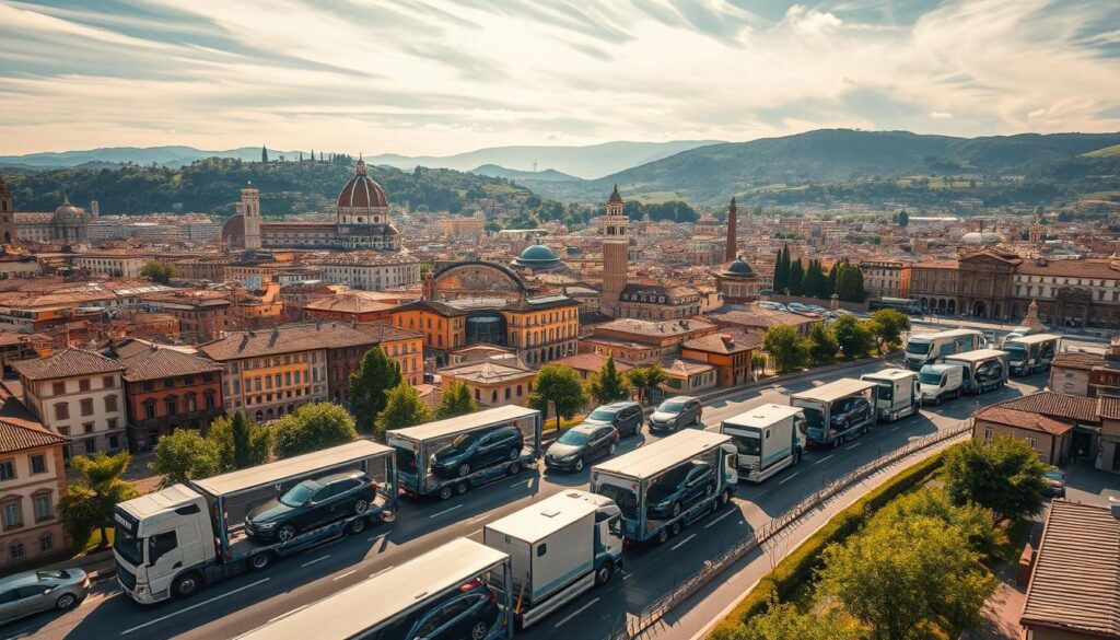 A meticulously detailed aerial scene of a car shipping operation in Florence, Italy. In the foreground, a fleet of specialized car transport trucks, their trailers loaded with a diverse array of gleaming vehicles, navigates the city's winding streets. The middle ground reveals the historic cityscape, with its iconic Renaissance architecture and picturesque piazzas. In the background, the rolling Tuscan hills provide a lush, verdant backdrop, bathed in warm, golden sunlight filtering through wispy clouds. The composition captures the seamless integration of modern logistics and the timeless beauty of Florence, conveying a sense of reliability and trust in the car shipping services offered. A meticulously detailed aerial scene of a car shipping operation in Florence, Italy. In the foreground, a fleet of specialized car transport trucks, their trailers loaded with a diverse array of gleaming vehicles, navigates the city's winding streets. The middle ground reveals the historic cityscape, with its iconic Renaissance architecture and picturesque piazzas. In the background, the rolling Tuscan hills provide a lush, verdant backdrop, bathed in warm, golden sunlight filtering through wispy clouds. The composition captures the seamless integration of modern logistics and the timeless beauty of Florence, conveying a sense of reliability and trust in the car shipping services offered.