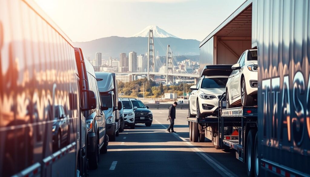 A meticulously rendered scene of a trusted car shipping service in Tacoma, WA. The foreground features a fleet of well-maintained transport trucks, their glossy exteriors reflecting the sunlight. In the middle ground, skilled technicians diligently load and secure pristine vehicles onto the carriers, ensuring safe and secure transport. The background showcases the vibrant cityscape of Tacoma, with the iconic Tacoma Narrows Bridge and Mount Rainier visible in the distance, conveying a sense of reliability and trustworthiness. The lighting is soft and natural, creating a warm, inviting atmosphere. The composition is balanced and the perspective is slightly elevated, allowing the viewer to appreciate the scope and professionalism of the car shipping operation. A meticulously rendered scene of a trusted car shipping service in Tacoma, WA. The foreground features a fleet of well-maintained transport trucks, their glossy exteriors reflecting the sunlight. In the middle ground, skilled technicians diligently load and secure pristine vehicles onto the carriers, ensuring safe and secure transport. The background showcases the vibrant cityscape of Tacoma, with the iconic Tacoma Narrows Bridge and Mount Rainier visible in the distance, conveying a sense of reliability and trustworthiness. The lighting is soft and natural, creating a warm, inviting atmosphere. The composition is balanced and the perspective is slightly elevated, allowing the viewer to appreciate the scope and professionalism of the car shipping operation.