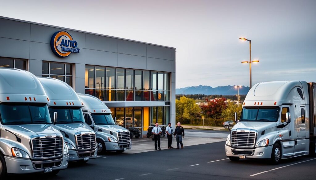 A modern and professional-looking auto transport company headquarters, with a fleet of well-maintained trucks in the foreground. The building has a clean, minimalist design with large windows, polished metal accents, and a prominent company logo. In the middle ground, uniformed employees are assisting customers, conveying a sense of trustworthiness and efficiency. The background features the scenic Kelso cityscape, with lush greenery and the distant Cascade mountains, creating a serene and reliable atmosphere. Warm lighting from the windows and streetlamps illuminates the scene, giving it a welcoming and dependable ambiance. The overall composition exudes a feeling of professionalism, expertise, and customer-centric service that would inspire confidence in the viewer. A modern and professional-looking auto transport company headquarters, with a fleet of well-maintained trucks in the foreground. The building has a clean, minimalist design with large windows, polished metal accents, and a prominent company logo. In the middle ground, uniformed employees are assisting customers, conveying a sense of trustworthiness and efficiency. The background features the scenic Kelso cityscape, with lush greenery and the distant Cascade mountains, creating a serene and reliable atmosphere. Warm lighting from the windows and streetlamps illuminates the scene, giving it a welcoming and dependable ambiance. The overall composition exudes a feeling of professionalism, expertise, and customer-centric service that would inspire confidence in the viewer.