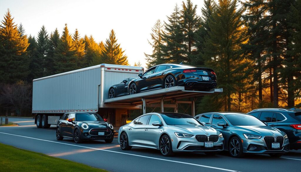 A modern auto transport truck, its sleek silver frame and hydraulic lift platform standing proudly against a backdrop of lush, verdant forestry in Forest Grove, Oregon. The scene is bathed in warm, golden sunlight, casting long, soft shadows across the well-maintained roadway. In the foreground, a group of late-model sedans and SUVs await their secure transport, their gleaming exteriors reflecting the tranquil, peaceful atmosphere. The composition conveys a sense of professionalism, reliability, and attention to detail - qualities that define the trusted auto transport services available in this charming Pacific Northwest community. A modern auto transport truck, its sleek silver frame and hydraulic lift platform standing proudly against a backdrop of lush, verdant forestry in Forest Grove, Oregon. The scene is bathed in warm, golden sunlight, casting long, soft shadows across the well-maintained roadway. In the foreground, a group of late-model sedans and SUVs await their secure transport, their gleaming exteriors reflecting the tranquil, peaceful atmosphere. The composition conveys a sense of professionalism, reliability, and attention to detail - qualities that define the trusted auto transport services available in this charming Pacific Northwest community.