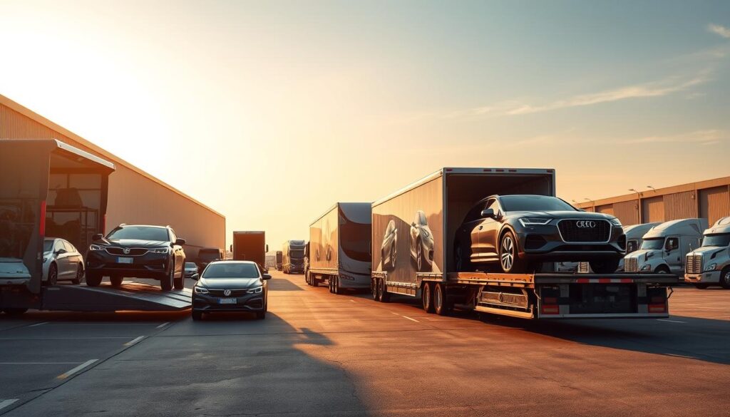 A modern auto transport yard featuring a variety of vehicle shipping options. In the foreground, a pair of open-air car carriers load and unload shiny new sedans and SUVs. In the middle ground, an enclosed car hauler transports luxury vehicles with meticulous care. In the background, a fleet of expedited shipping trucks waits to efficiently deliver cars to their destinations. Warm, golden sunlight filters through the scene, creating a sense of quality and reliability. The entire composition conveys the comprehensive auto transport services available, from standard open-air to premium enclosed shipping, captured with a cinematic wide-angle lens. A modern auto transport yard featuring a variety of vehicle shipping options. In the foreground, a pair of open-air car carriers load and unload shiny new sedans and SUVs. In the middle ground, an enclosed car hauler transports luxury vehicles with meticulous care. In the background, a fleet of expedited shipping trucks waits to efficiently deliver cars to their destinations. Warm, golden sunlight filters through the scene, creating a sense of quality and reliability. The entire composition conveys the comprehensive auto transport services available, from standard open-air to premium enclosed shipping, captured with a cinematic wide-angle lens.