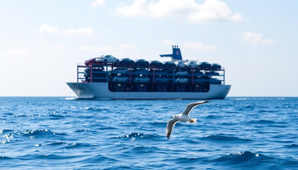 A modern car carrier ship transporting a fleet of vehicles across a calm, azure ocean under a bright, sun-dappled sky. The vessel's stern is visible, showcasing its sleek, aerodynamic design and the carefully stacked cars secured on multiple levels. In the foreground, a lone seagull glides effortlessly, adding a sense of scale and tranquility to the scene. The overall atmosphere conveys the reliability and efficiency of the car shipping process, reflecting the care and attention to detail that goes into a stress-free vehicle move. A modern car carrier ship transporting a fleet of vehicles across a calm, azure ocean under a bright, sun-dappled sky. The vessel's stern is visible, showcasing its sleek, aerodynamic design and the carefully stacked cars secured on multiple levels. In the foreground, a lone seagull glides effortlessly, adding a sense of scale and tranquility to the scene. The overall atmosphere conveys the reliability and efficiency of the car shipping process, reflecting the care and attention to detail that goes into a stress-free vehicle move.