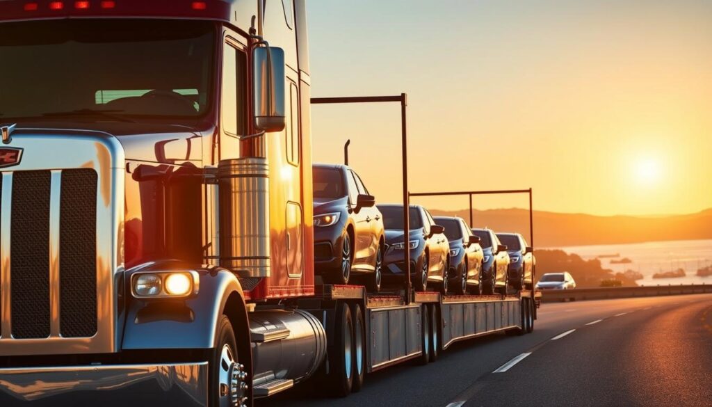 A modern car carrier transporting a fleet of shiny new vehicles along a scenic coastal highway in Gig Harbor, Washington. The sun casts warm golden light across the scene, reflecting off the glossy paint and chrome details. In the foreground, the large semi-truck's imposing front grille and headlights command attention, while its trailer loaded with carefully secured cars fills the middle ground. In the background, the picturesque Gig Harbor shoreline and Puget Sound waters create a serene, picturesque backdrop, hinting at the care and expertise required to safely deliver vehicles to their destination. A modern car carrier transporting a fleet of shiny new vehicles along a scenic coastal highway in Gig Harbor, Washington. The sun casts warm golden light across the scene, reflecting off the glossy paint and chrome details. In the foreground, the large semi-truck's imposing front grille and headlights command attention, while its trailer loaded with carefully secured cars fills the middle ground. In the background, the picturesque Gig Harbor shoreline and Puget Sound waters create a serene, picturesque backdrop, hinting at the care and expertise required to safely deliver vehicles to their destination.