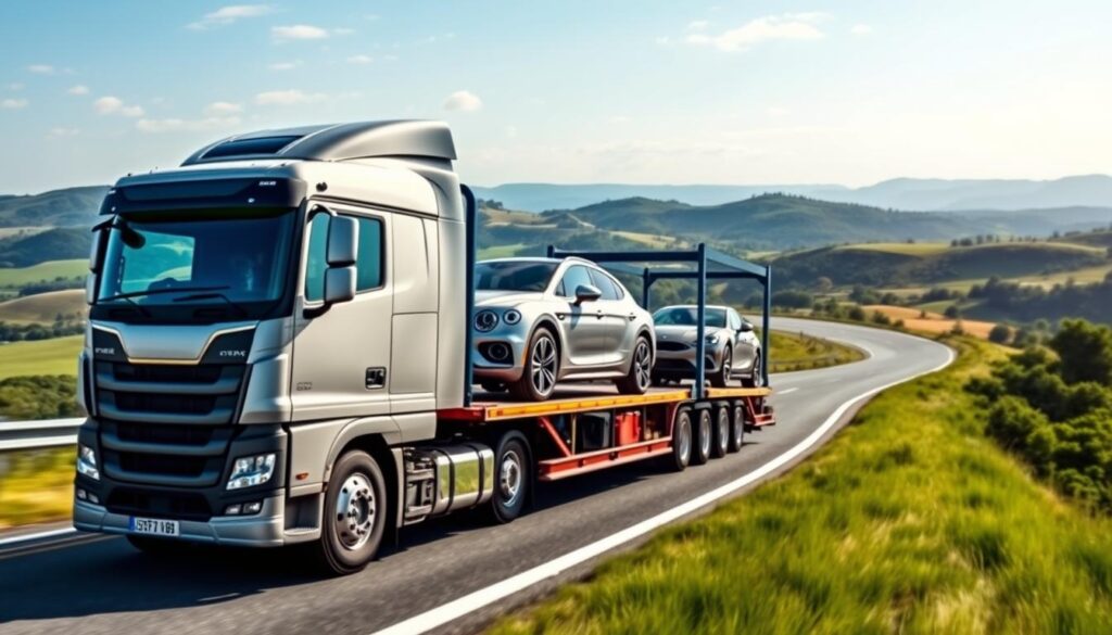 A modern car carrier truck transports a lineup of shiny, freshly washed automobiles along a winding highway. The truck's cab has a sleek, aerodynamic design, and the trailer's frame is sturdy yet lightweight. In the background, a picturesque landscape unfolds, with rolling hills, lush greenery, and a clear blue sky. The scene conveys a sense of efficiency, reliability, and attention to detail, reflecting the high-quality car shipping services offered by the local Hudson-based provider. A modern car carrier truck transports a lineup of shiny, freshly washed automobiles along a winding highway. The truck's cab has a sleek, aerodynamic design, and the trailer's frame is sturdy yet lightweight. In the background, a picturesque landscape unfolds, with rolling hills, lush greenery, and a clear blue sky. The scene conveys a sense of efficiency, reliability, and attention to detail, reflecting the high-quality car shipping services offered by the local Hudson-based provider.